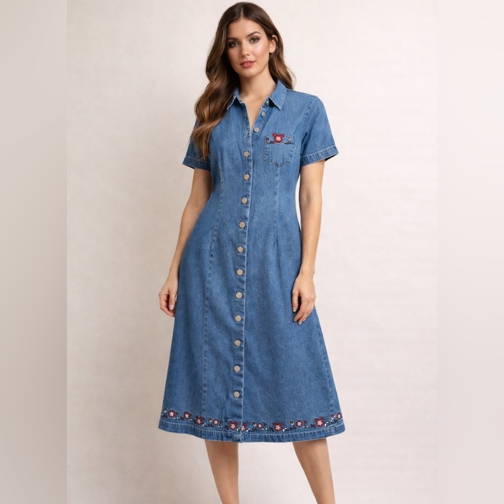 Disney Denim Button-Up Dress with Floral Embroidery Large